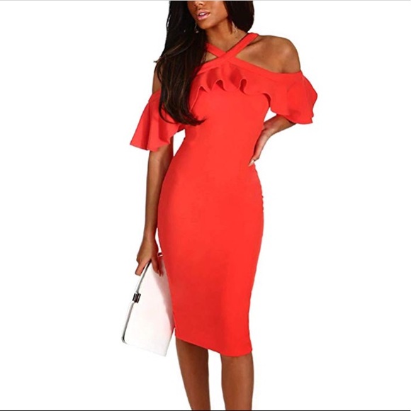 ruffle off the shoulder bodycon dress - Picture 2 of 4